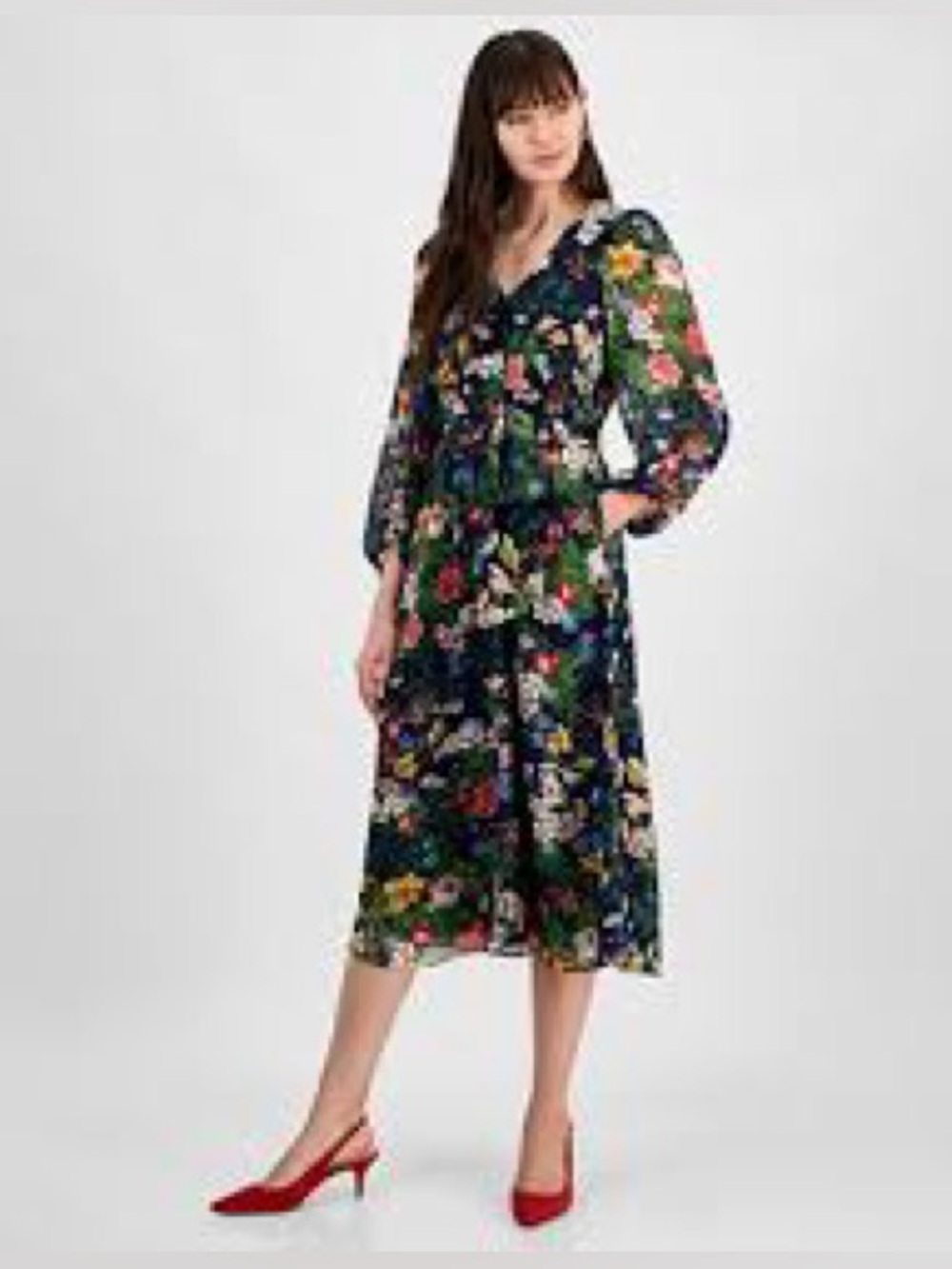 Anne Klein Anne Klein Floral Print Chiffon Midi Dress Blue Night Combo Size 10
